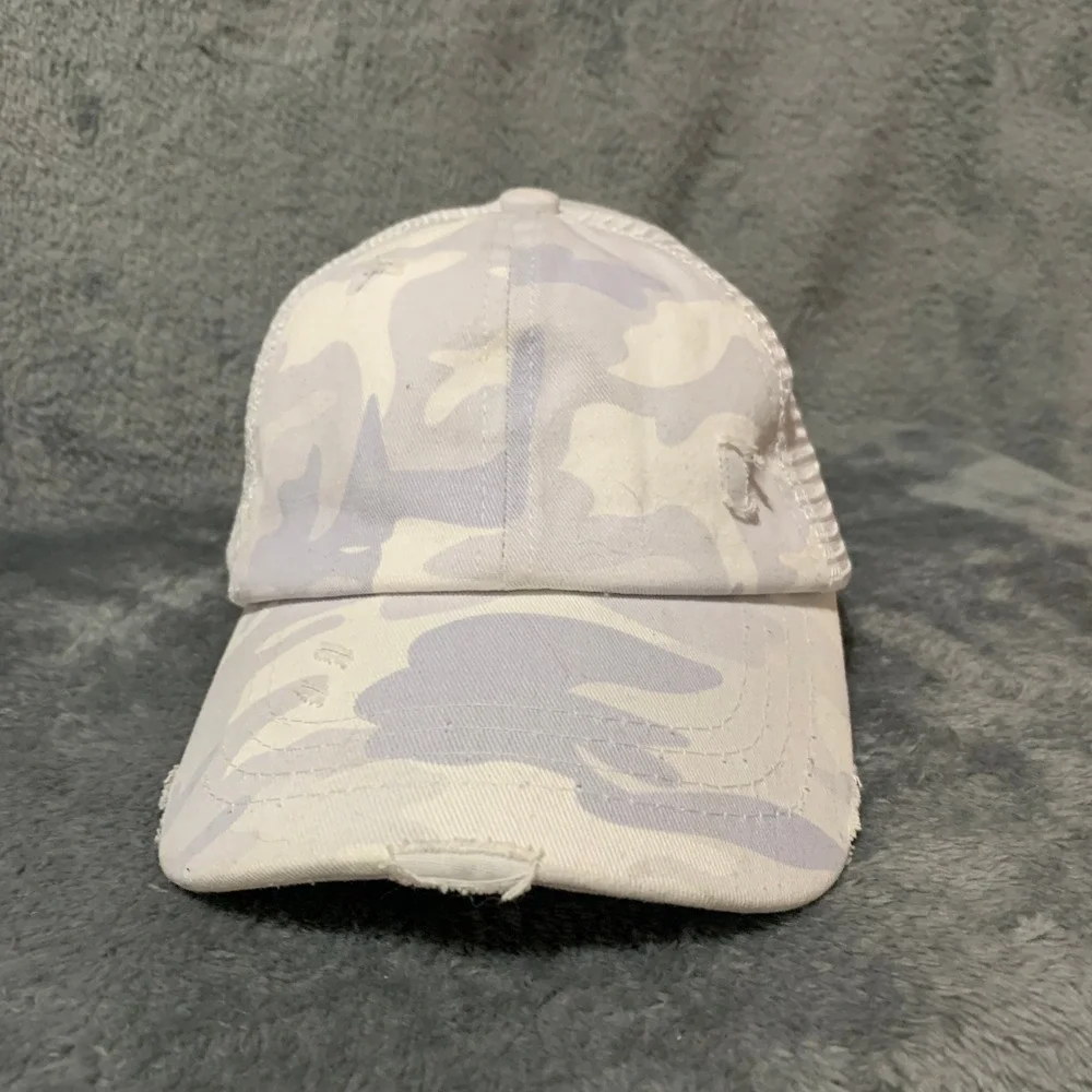 CC Girls Ponytail Trucker Hat Camo Grey White Distressed Mesh Back Messy Bun Cap